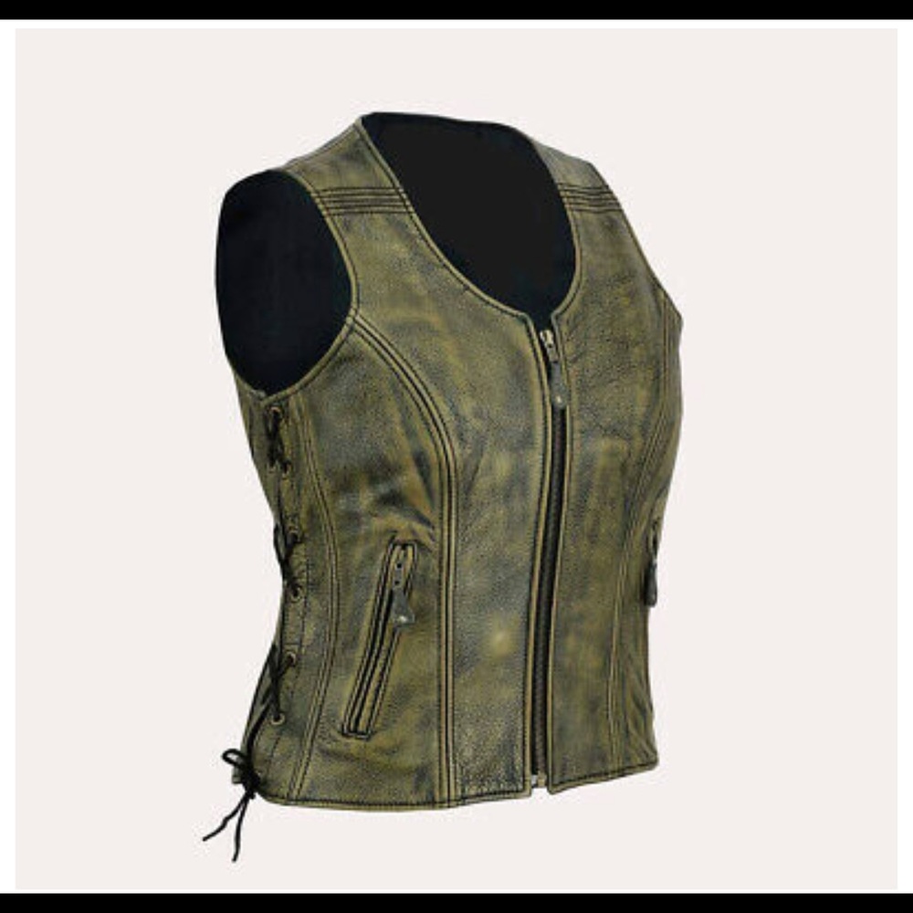 Ladies Side Laces Biker Cowhide Brown Motorcycle Concealed Carry Leather Vest